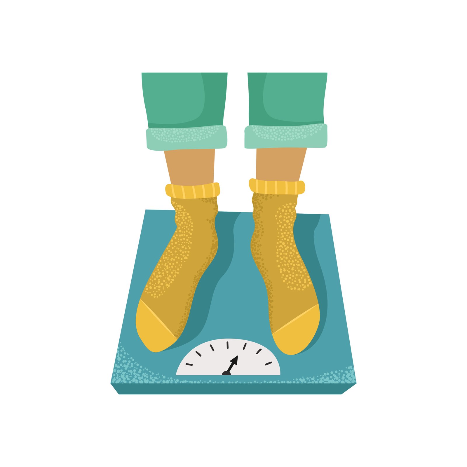 Vector illustration of a man standing on a scale. Weighing. Excess weight.